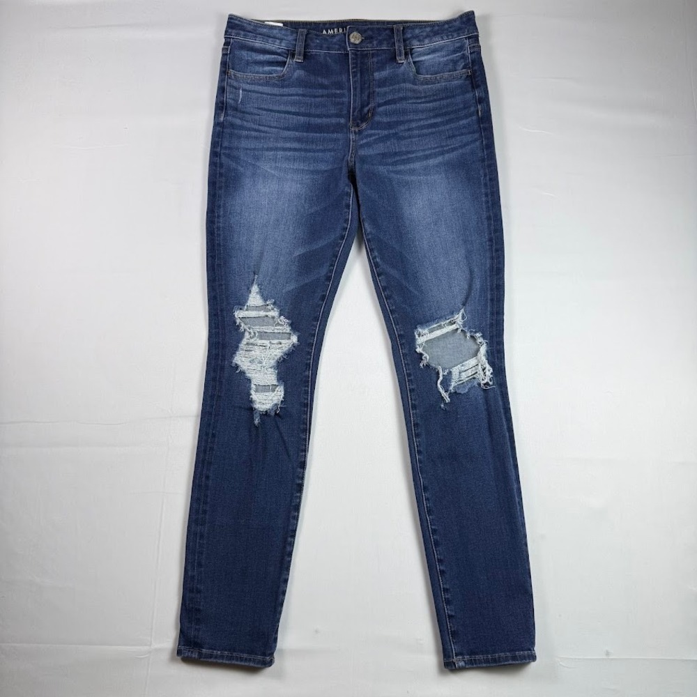 American Eagle Jean Hi-Rise Jegging 10 Blue Distressed Next Level Stretch